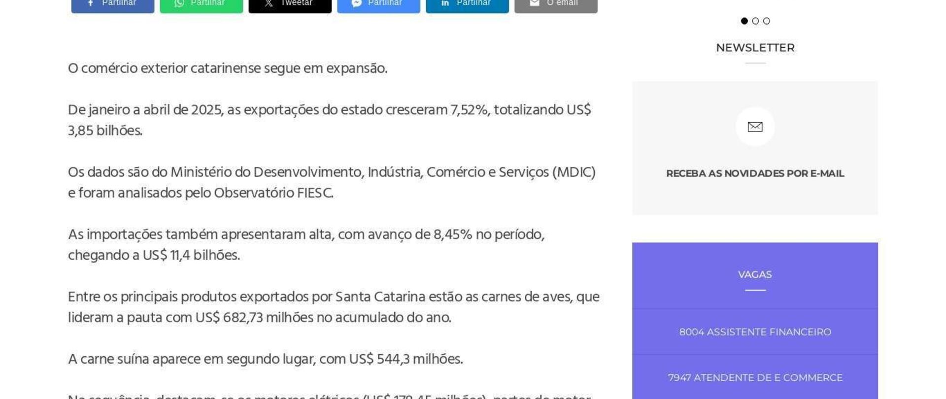 Exportações de SC crescem 7,52% em quatro meses 