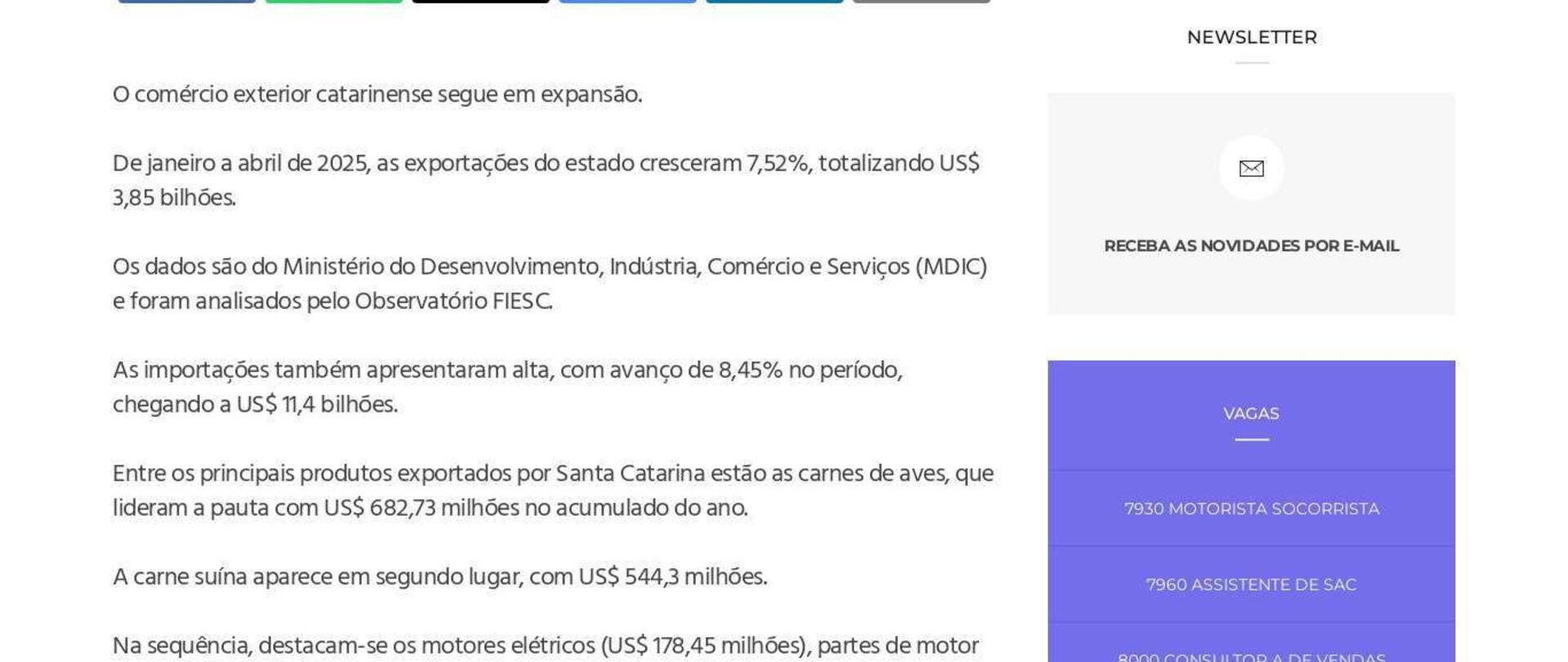 Exportações de SC crescem 7,52% de janeiro a abril