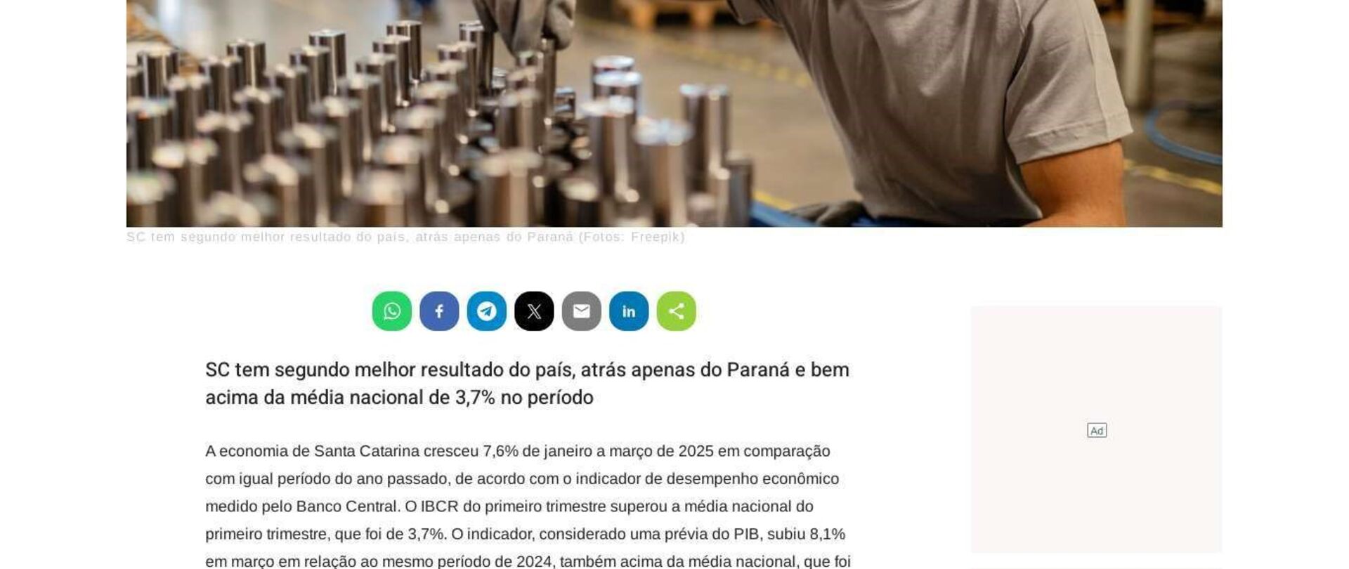 Atividade econômica de SC cresce 7,6% no primeiro trimestre