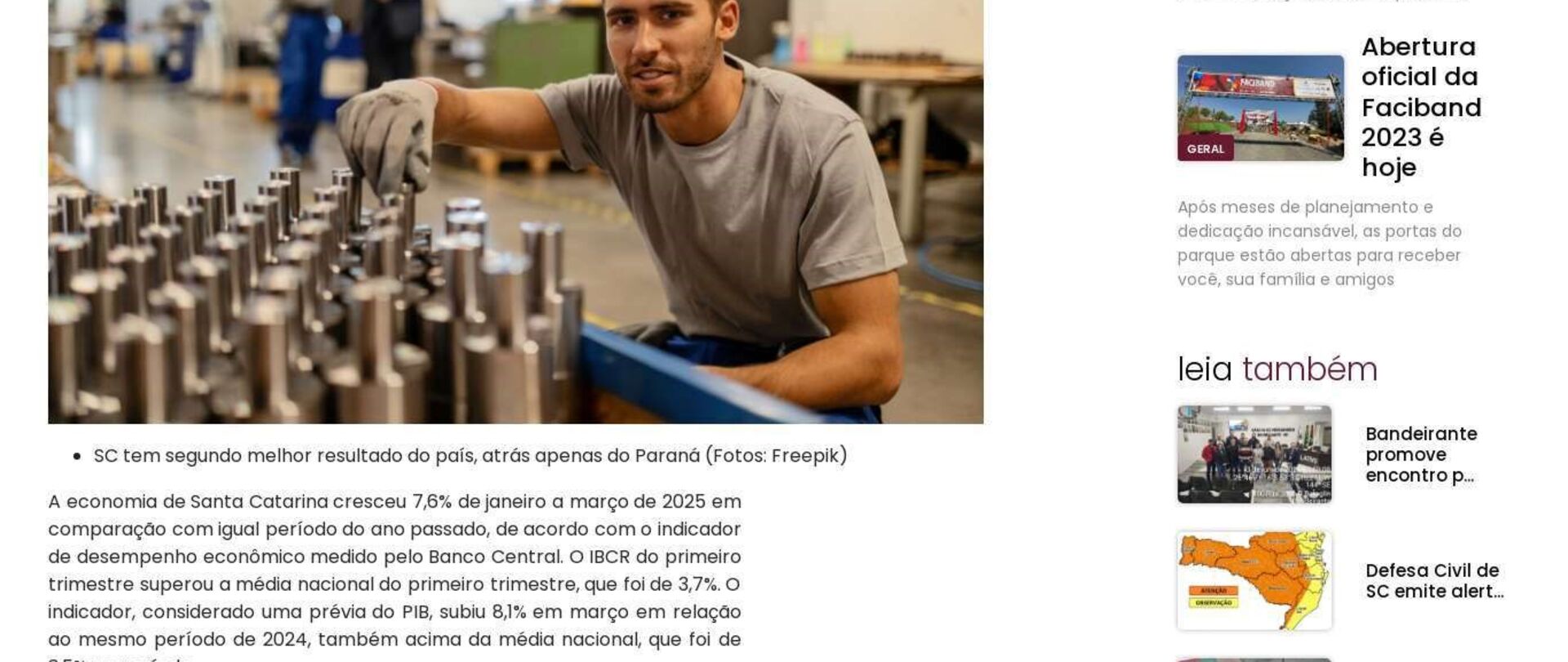 Atividade econômica de SC cresce 7,6% no primeiro trimestre