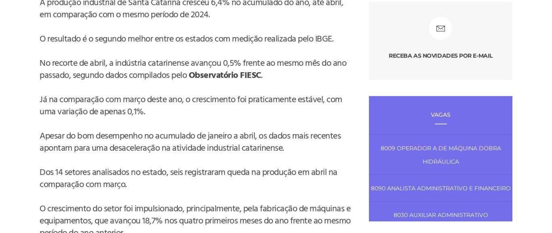 Produção industrial de SC cresce até abril