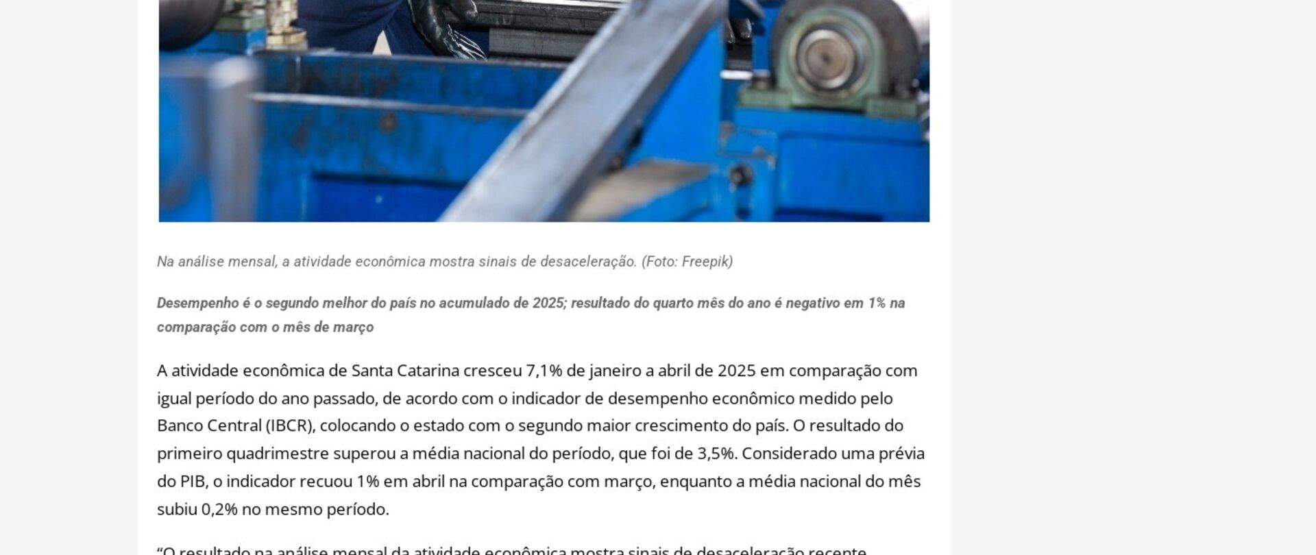 Atividade econômica de SC sobe 7,1% no ano até abril