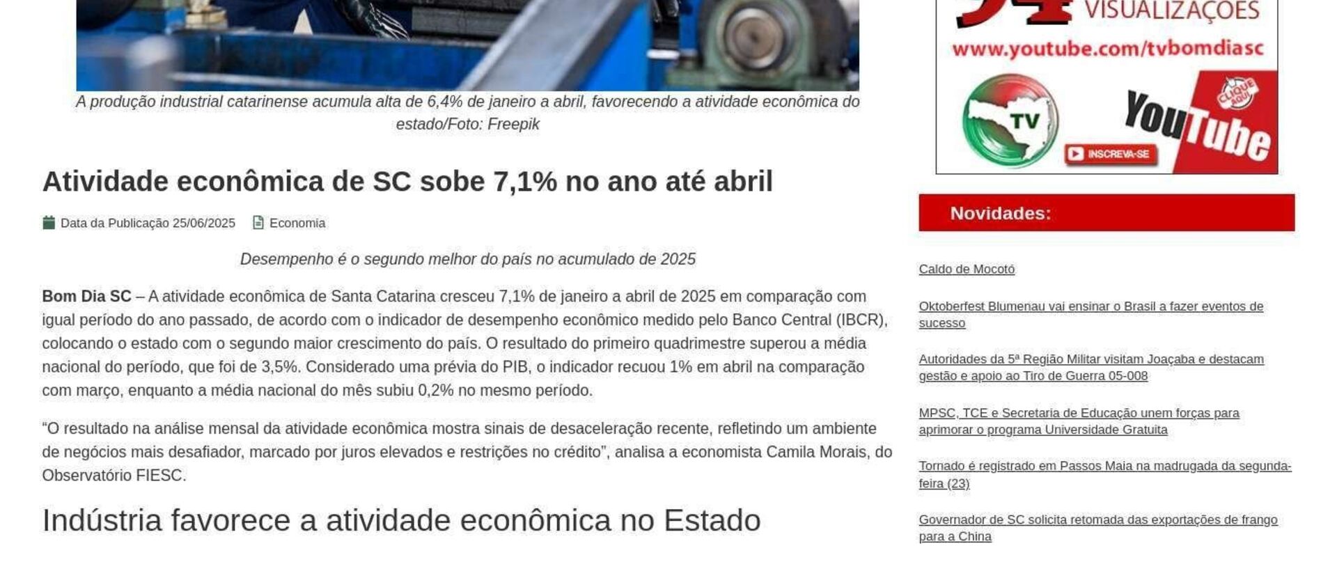 Atividade econômica de SC sobe 7,1% no ano até abril 
