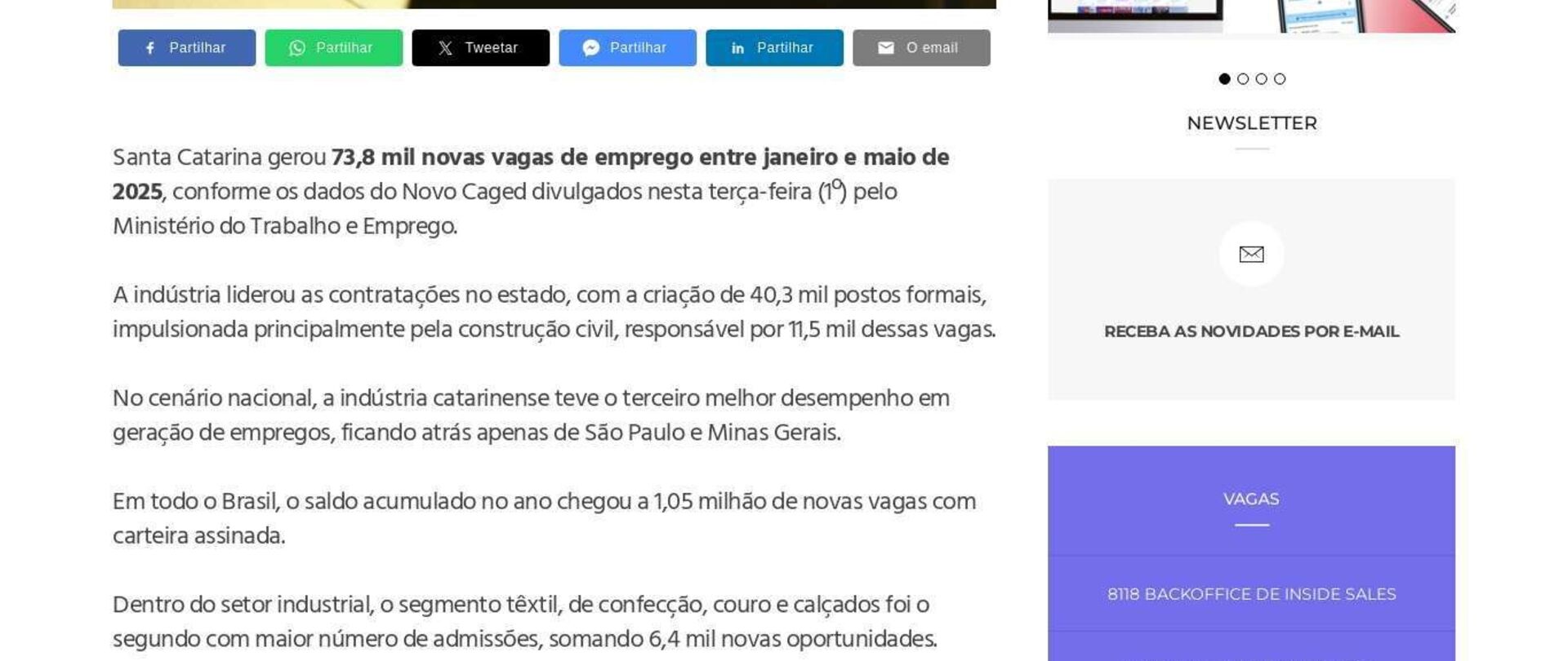 Indústria lidera contratações em SC com a criação de 40,3 mil vagas até maio