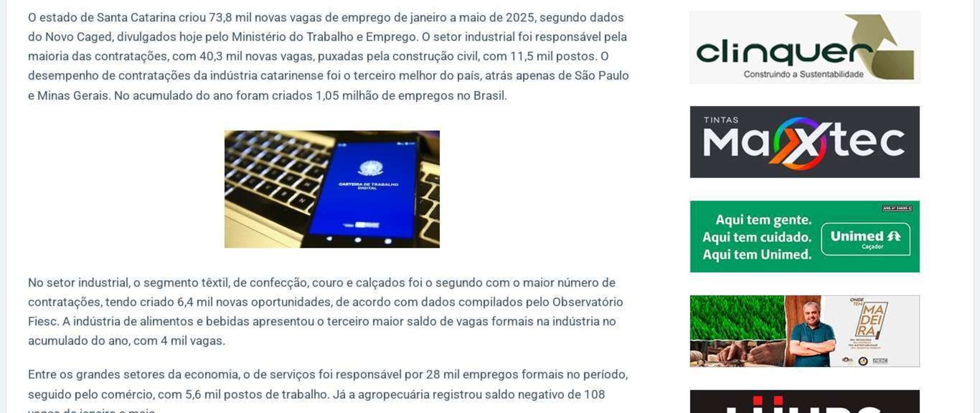 Indústria de SC gera 40,3 mil empregos