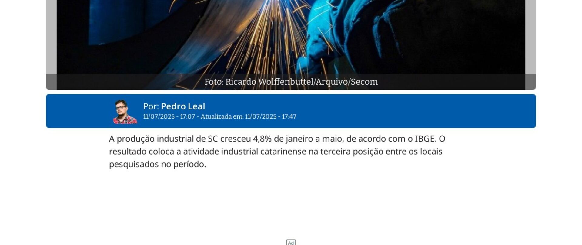 Produção industrial de SC cresceu 4,8% de janeiro a maio