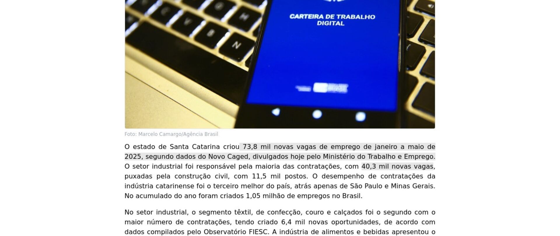 Indústria de SC gera 40,3 mil empregos no ano até maio 