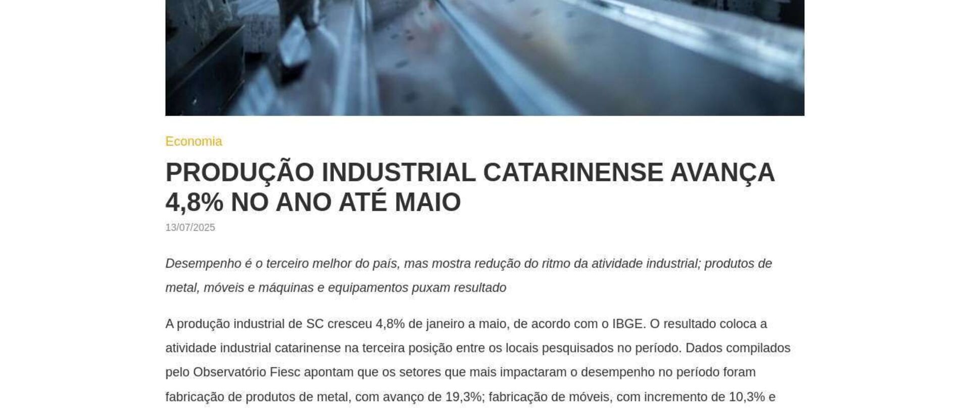Desempenho industrial de SC é o terceiro melhor do país 