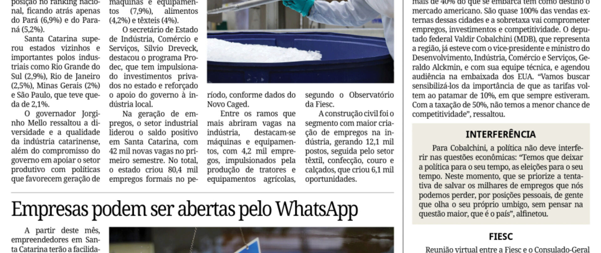 SC lidera crescimento da indústria no semestre
