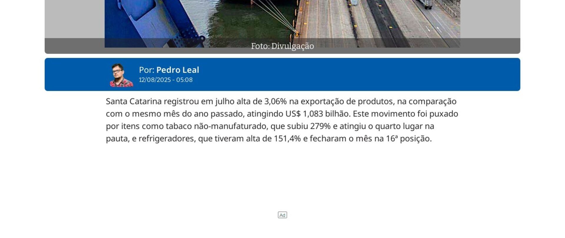 Exportações de SC têm alta de 3% em julho 