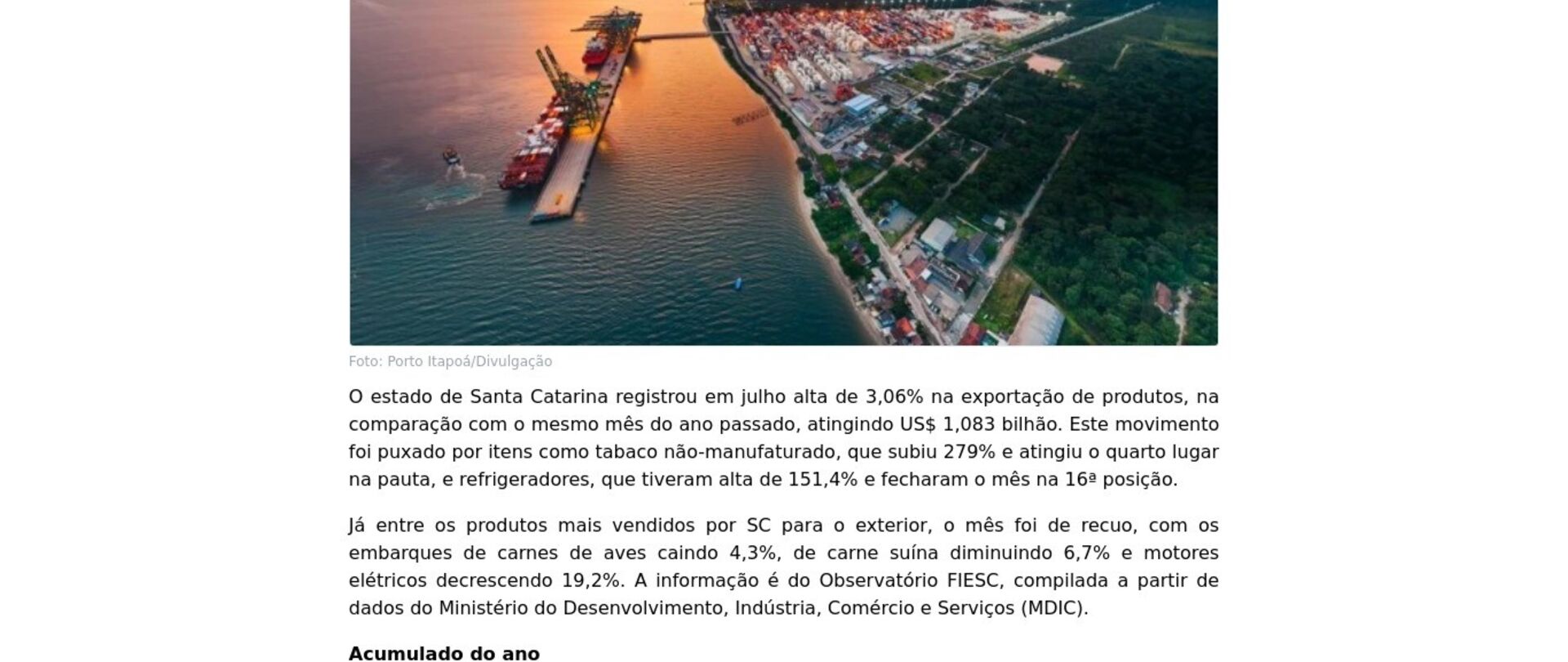 Santa Catarina registrou em julho alta de 3,06% na exportação de produtos