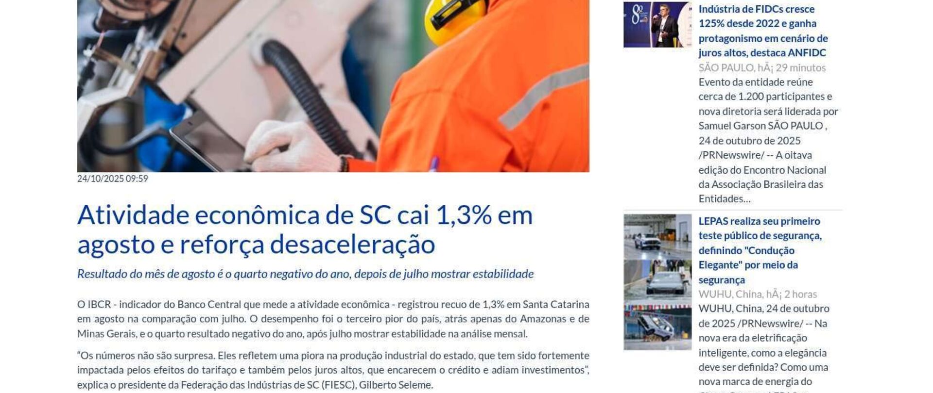Atividade econômica de SC cai 1,3% em agosto e reforça desaceleração