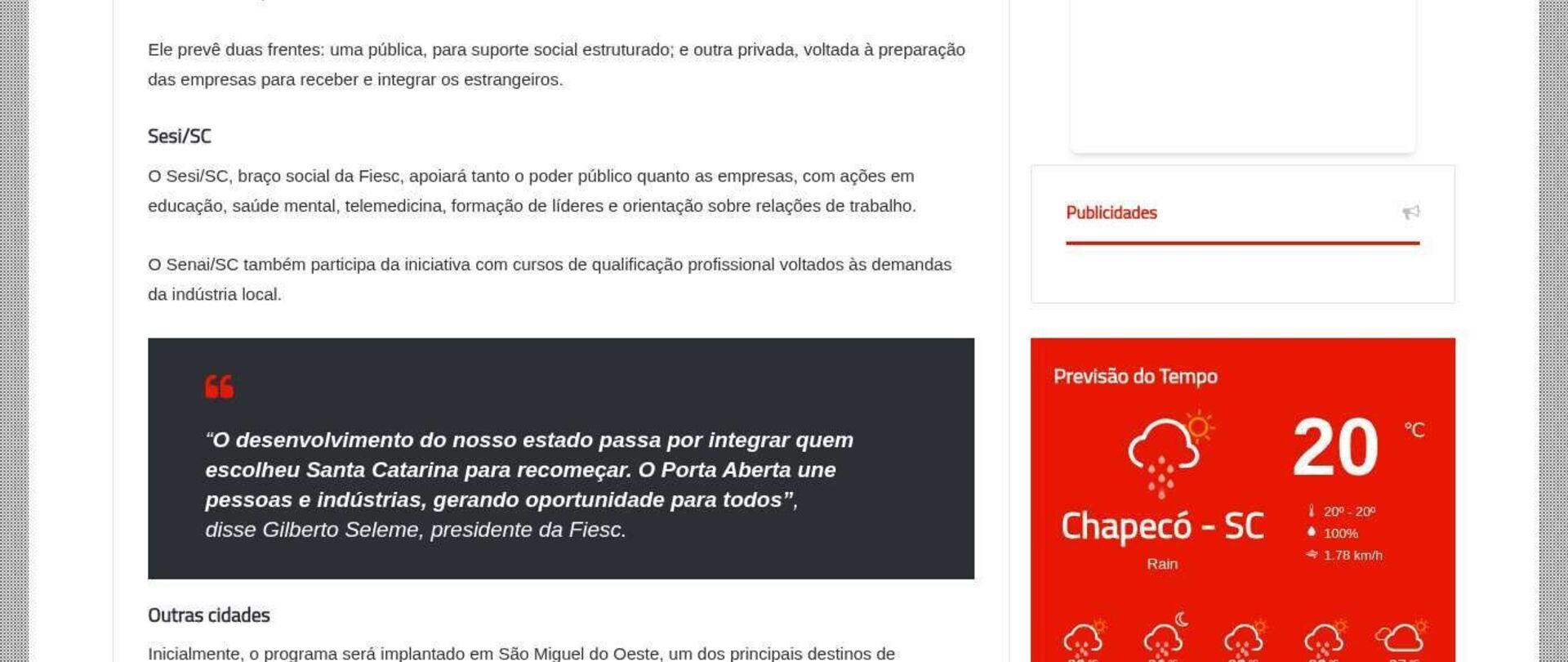 Fiesc lança programa para acolhimento de migrantes