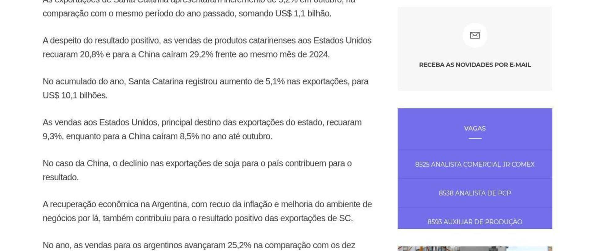 Exportações de SC cresceram 5,2% em outubro, para US$ 1,1 bilhão