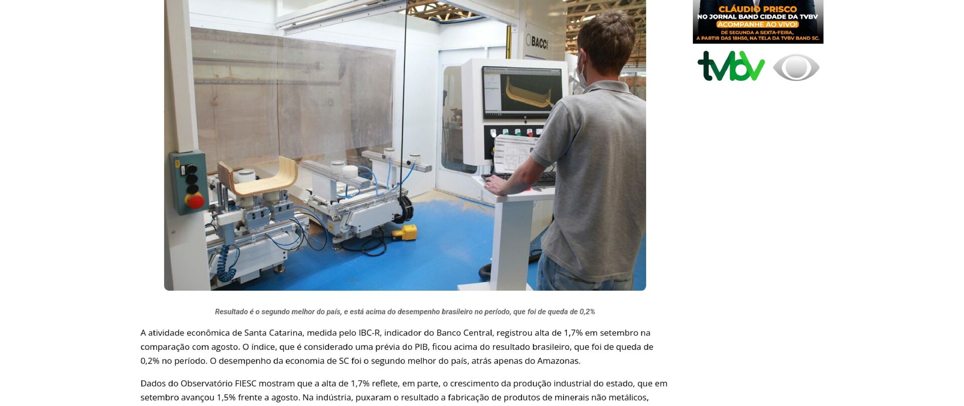 Atividade econômica de SC sobe 1,7% em setembro