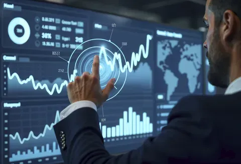Homem interagindo com painel tecnológico de dados econômicos