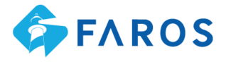 Logotipo da plataforma Faros, com ícone de farol estilizado à esquerda e a palavra FAROS em azul à direita.