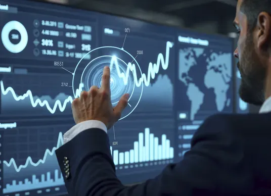 Homem interagindo com painel tecnológico de dados econômicos